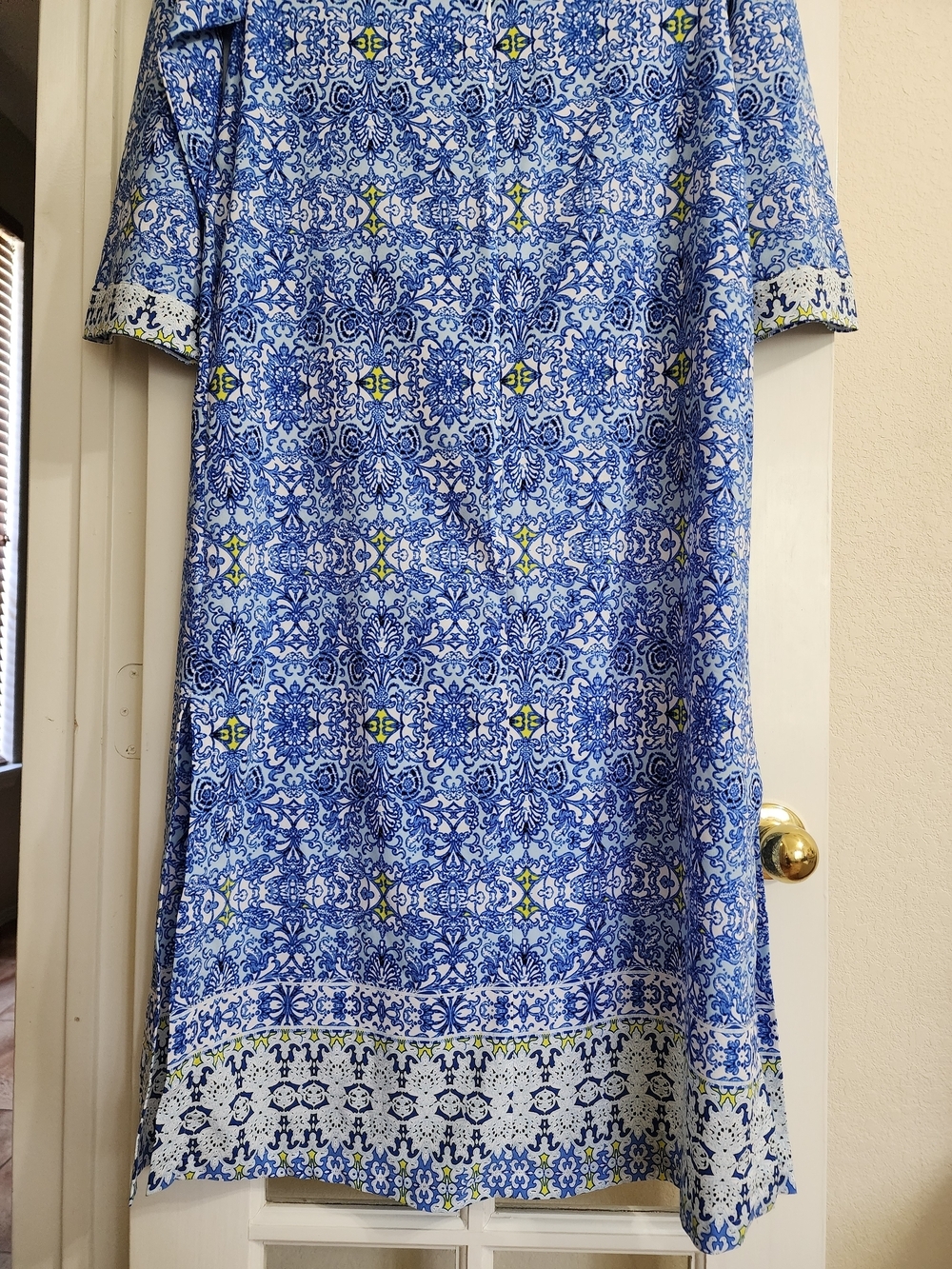 Oscar de la Renta Pink Label Blue Tile Print Caftan Lounge Dress Size Small - Picture 5 of 15